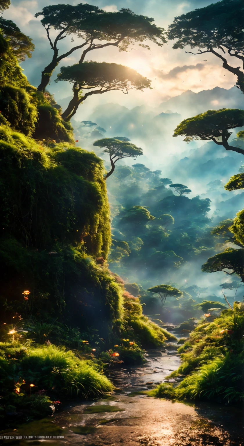 (35mmstyle:1.2), Highly detailed RAW color Photo, Rear Angle, looking out at magical lush green colour rain forest on an alien planet pandora same as movie avatar), similar to avatar movie planet , vivid detail, (exotic alien planet), (sci-fi), (mountains:1.1), (lush green alien vegetation), (two moons in sky:0.8), (highly detailed, hyperdetailed, intricate), (lens flare:0.7), (bloom:0.7), particle effects, raytracing, cinematic lighting, shallow depth of field, photographed on a Sony a9 II, 35mm wide angle lens, sharp focus, cinematic film , viewed from behind, dynamic angle, realistic