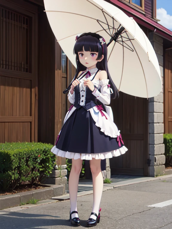 (Ultra-high resolution), (masterpiece), (Attention to detail), (high quality), (最high quality) , 1 girl, alone, girl, Hime cut, Gothic Lolita, Lolita Fashion, head band, (Bare shoulders), ((Parasol)), Pagoda Umbrella, (ruri gokou), Elegance, grace, Different world, Ancient Capital, middle ages, full body