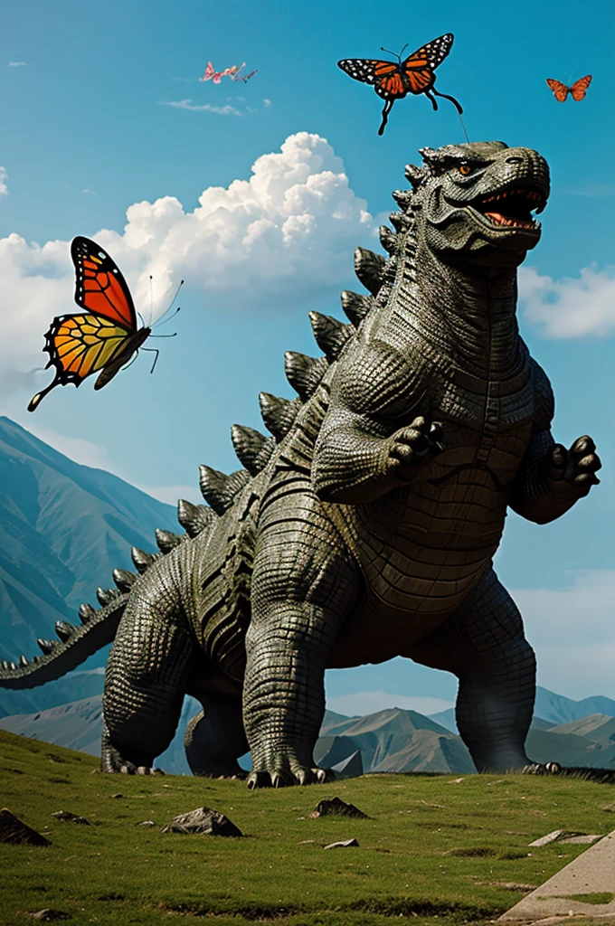 A snaucher dog in a Godzilla costume chasing a giant butterfly.