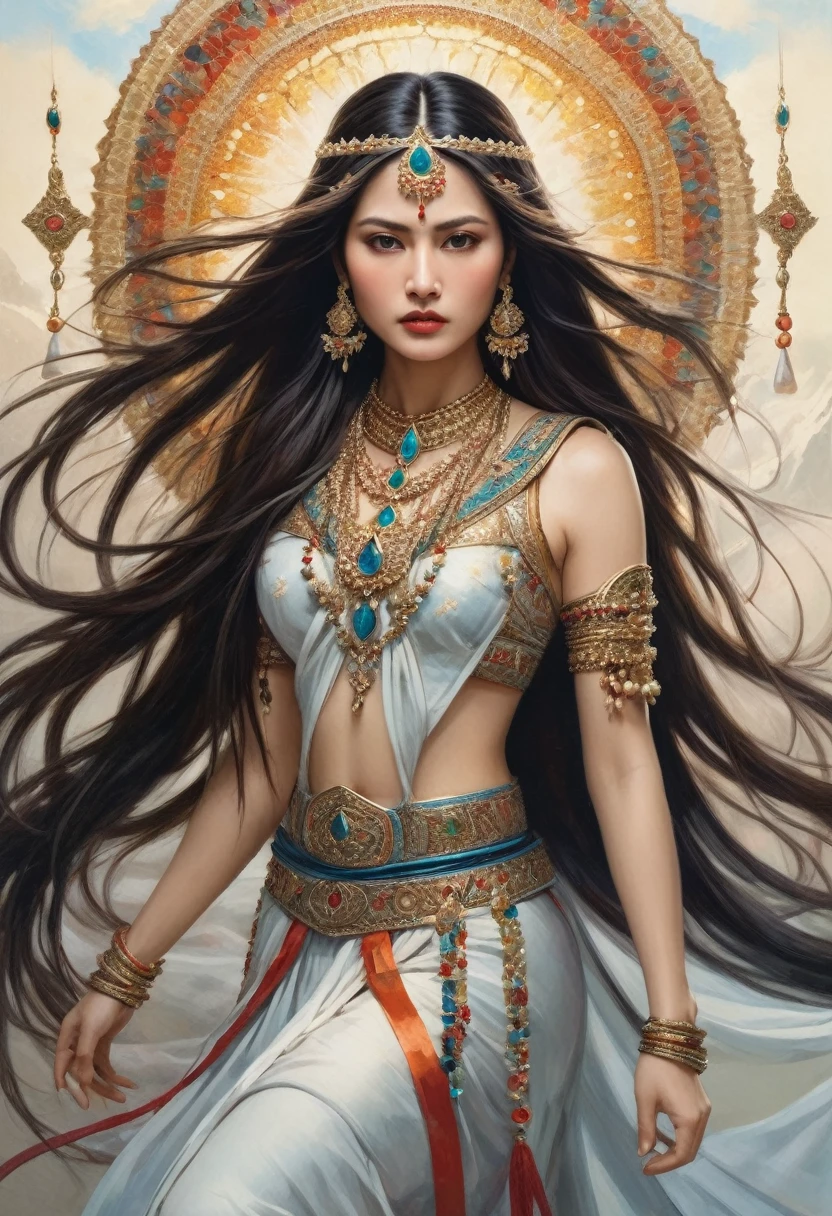 A stunning painting of a woman with long, flowing hair adorned with intricate jewels, exuding power and grace as a fierce warrior.