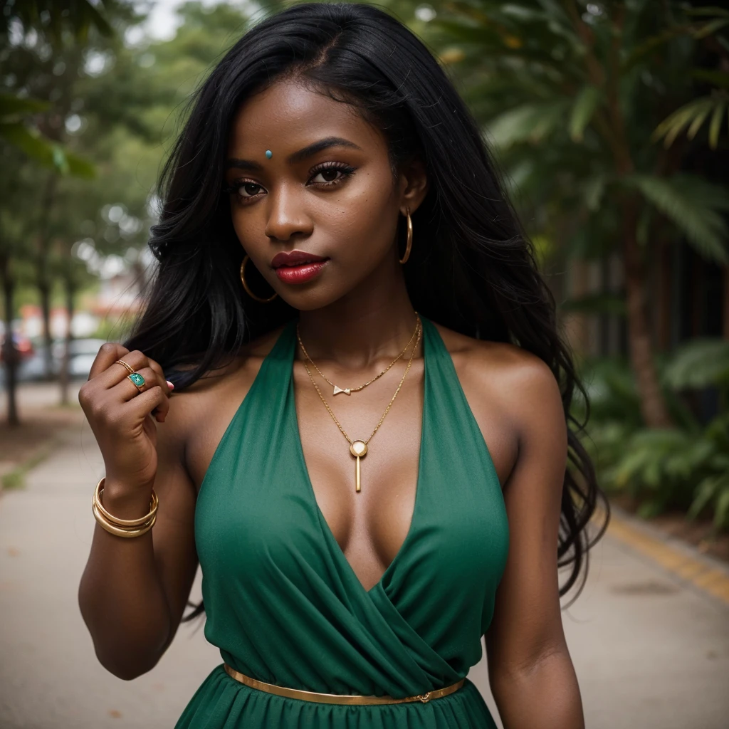dark skin woman, orange eyes, Green dress with blue, long black hair, pastel red lips, a ring on your finger, a gold necklace