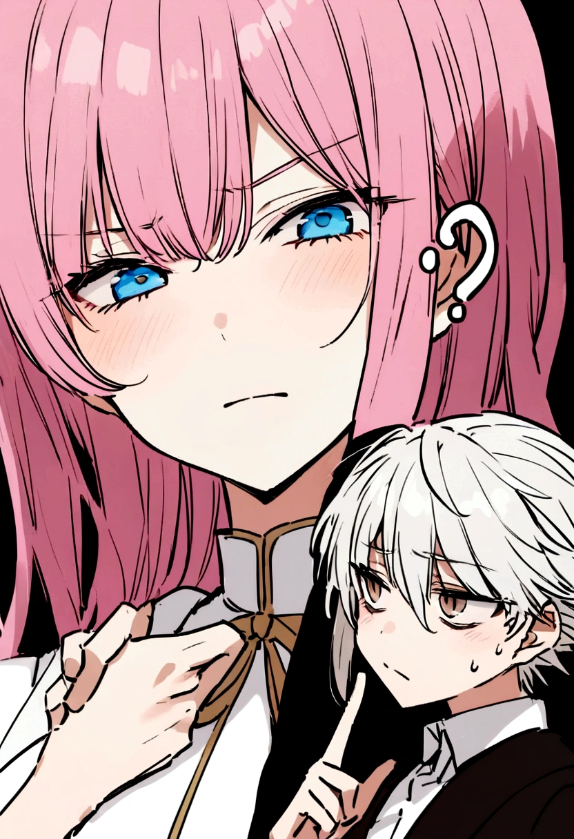 I would like you to create the cover of an anime book featuring a scene involving a young girl with long pink hair and light brown eyes, wearing a long white dress, next to a boy with short white hair and light blue eyes, dressed in a modern style, he is a little muscular. They are close, him caressing your cheek and exchanging intense looks, as she glares at him with a furious expression