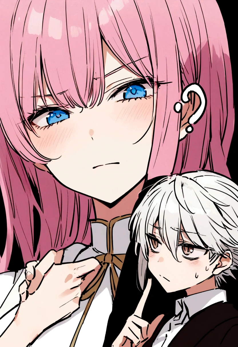 I would like you to create the cover of an anime book featuring a scene involving a young girl with long pink hair and light brown eyes, wearing a long white dress, next to a boy with short white hair and light blue eyes, dressed in a modern style, he is a little muscular. They are close, him caressing your cheek and exchanging intense looks, as she glares at him with a furious expression