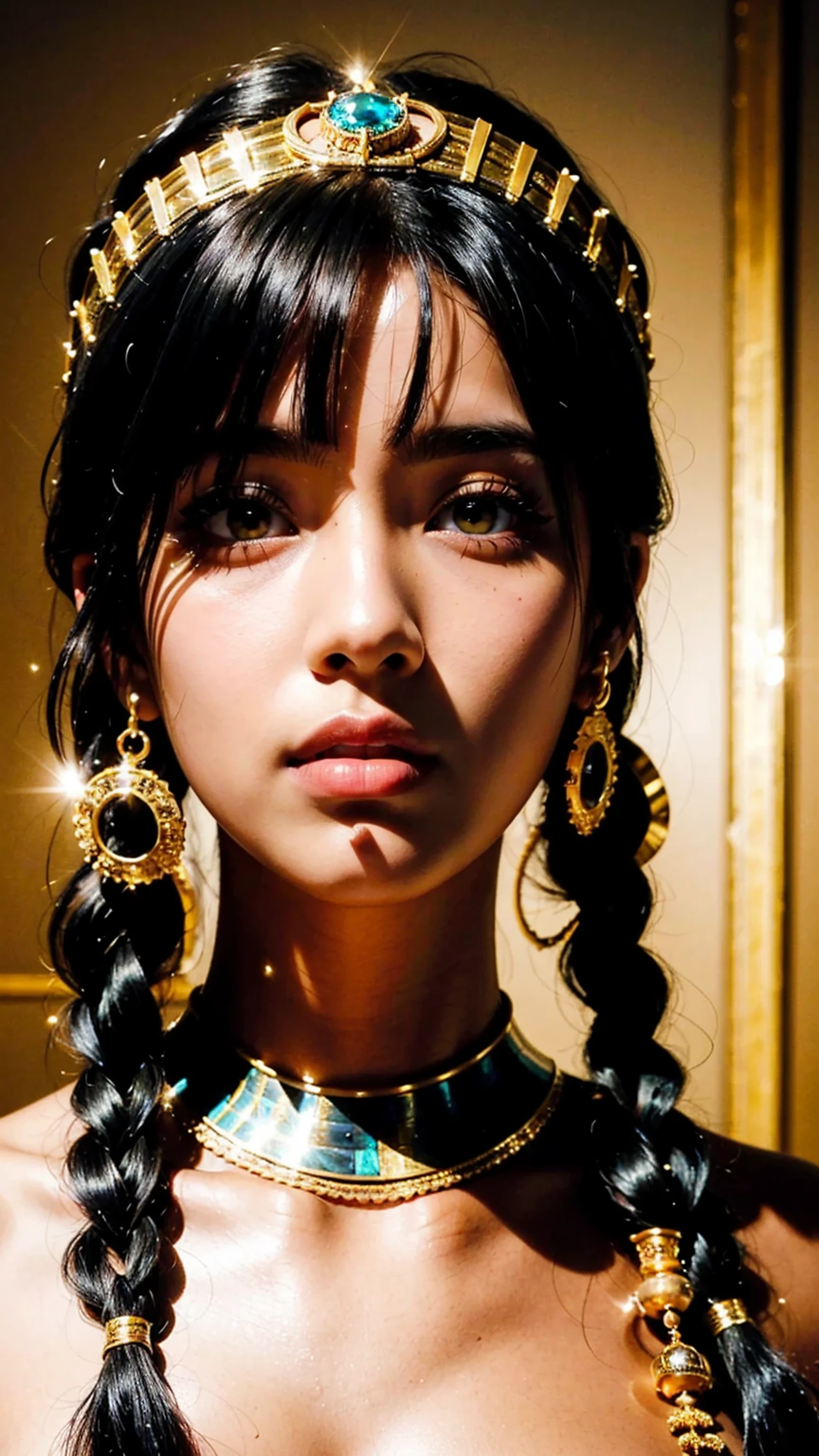 Hyper-realistic portrait shot of a beautiful Egyptian queen with a tanned skin tone, looking down proudly on the camera, black blunt bob hair with braided bangs, golden accessories and jewelry