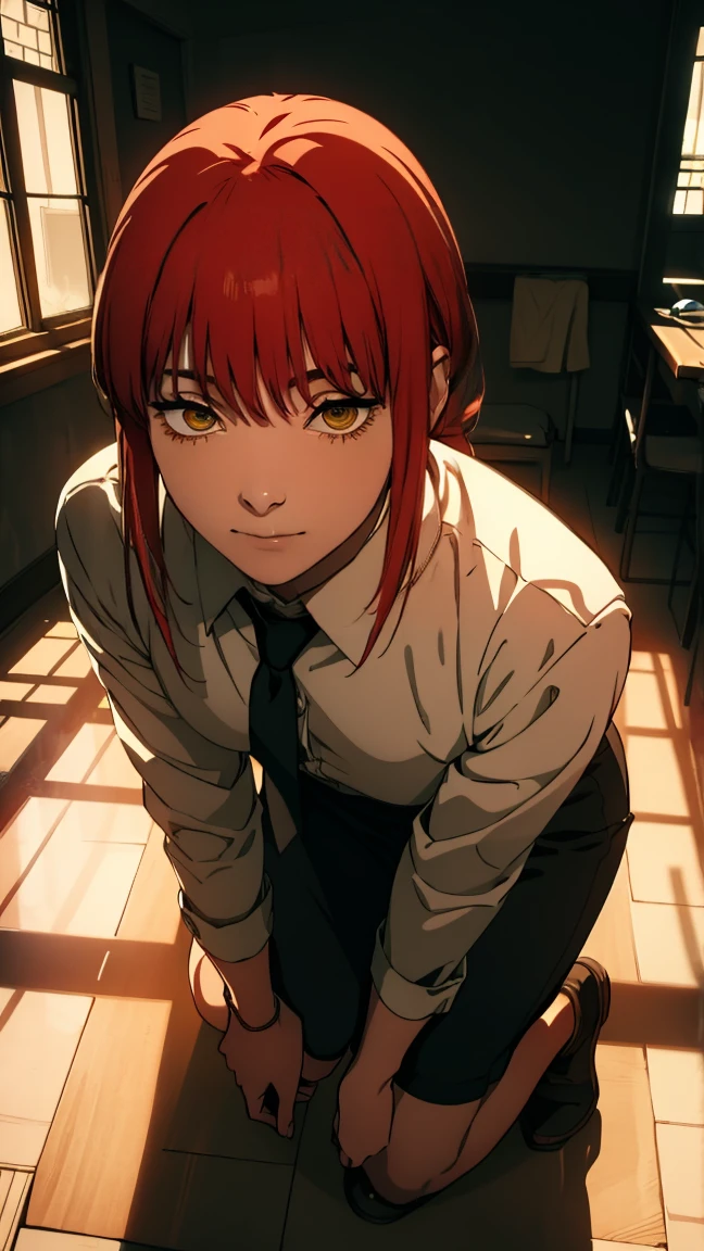 The character Makima from the anime series Chainsaw Man, fragile, full length (Full body 1.1.), dark background, darkness, Correct anatomy 1.1, correct hand anatomyVery sexy, erotica, very feminine, beautiful figure, legs, buttocks, Beautiful body, red hair, orange eyes, Red circles for schoolchildren, summer dress, sexy pose, realistic, very detailed, Beautiful body, detailed body, detailed hands, detailed, Vibrating, detailed Face, Makima character design. very detailed, detailed body, detailed hands, detailed Face, anime art, Hugh Details, Very downcast face, detailed eyes, Super thin illustration, best shadow, Fine detail, beautiful detailed glow, beautiful detailed, Extraordinarily beautiful, extremely detailed, inexpressive, epic composition, Anime style. anime art anime art, Anime style,