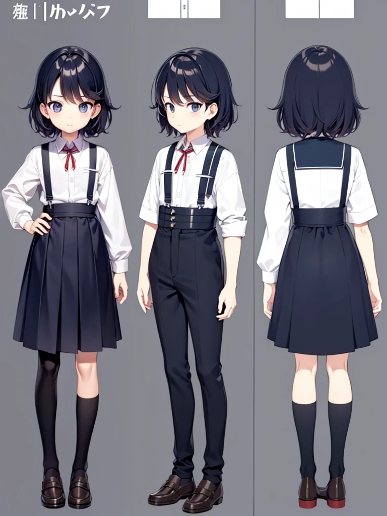 school clothes, pants, students japan , full body, concept art , shota,character sheet,
