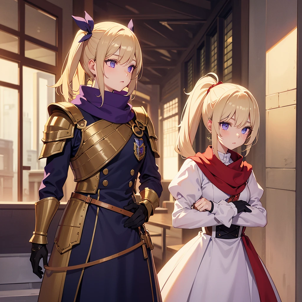 Her name is Poppy, He has very light blonde hair, wear two ponytails, light blue skin, violet eyes, Red scarf, bronze armor.