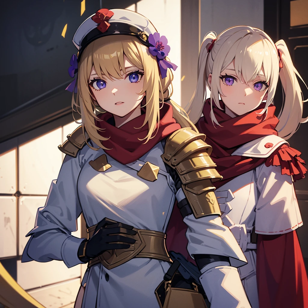 Her name is Poppy, He has very light blonde hair, wear two ponytails, light blue skin, violet eyes, Red scarf, bronze armor.