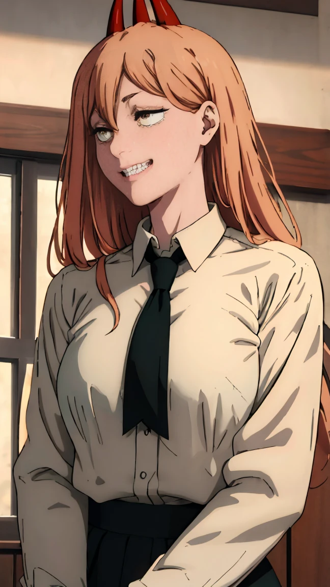 (Best quality), (masterpiece), (only), 1 girl, Maybe_XM, peach hair, yellow eyes, cross-shaped pupils, pupils in the form of symbols, red horns, white button up shirt, black tie, sharp teeth, smile, long hair, whole body