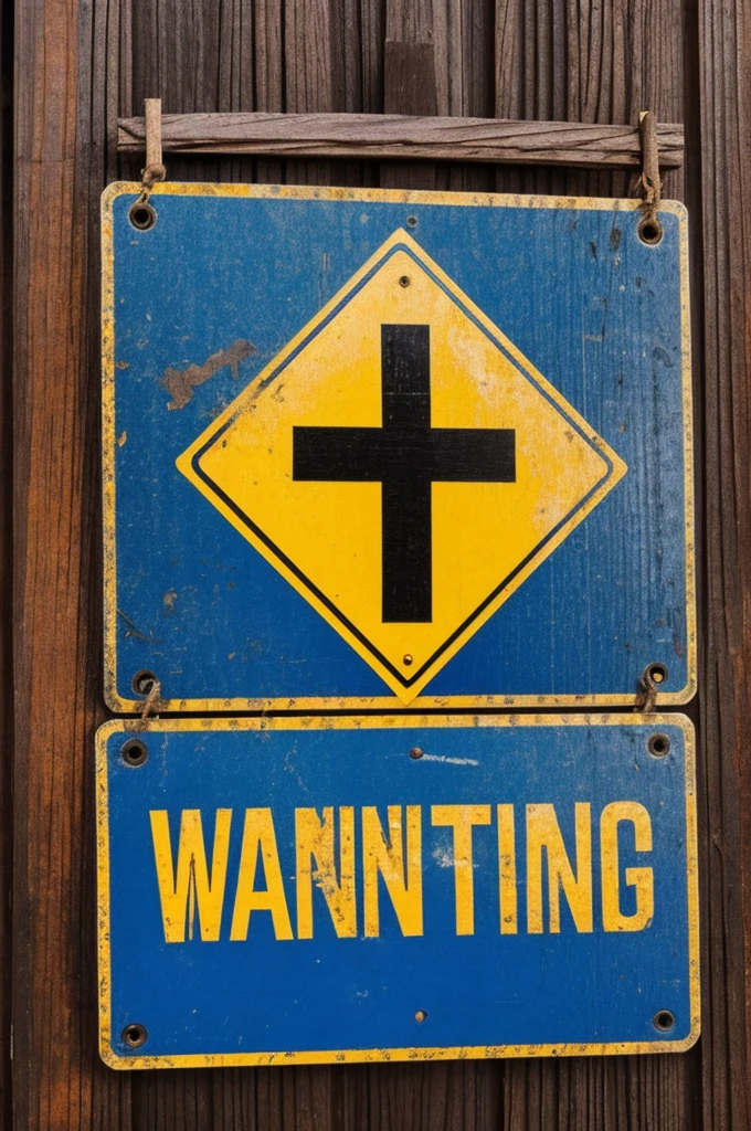 A warning sign and on the sign there is an upside down Cross drawn