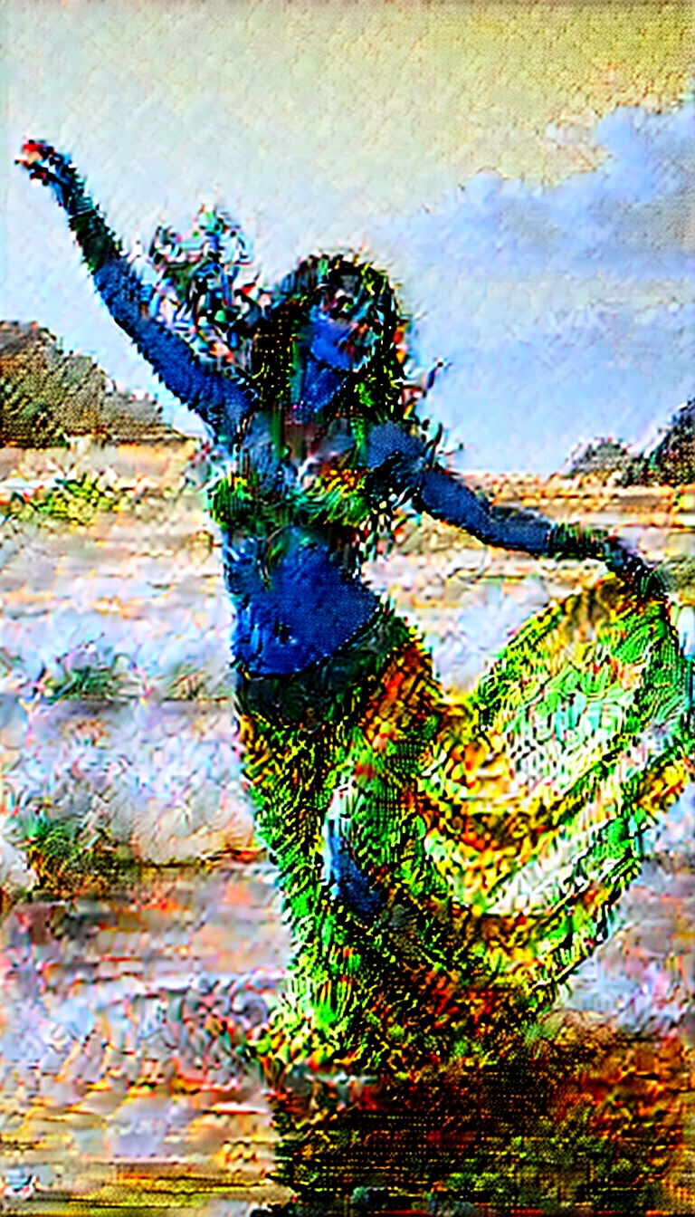 nanx, A realistic and detailed belly dancer gracefully performing on the shimmering surface of the tranquil sea, surrounded by gentle waves, leaving ripples in her wake.