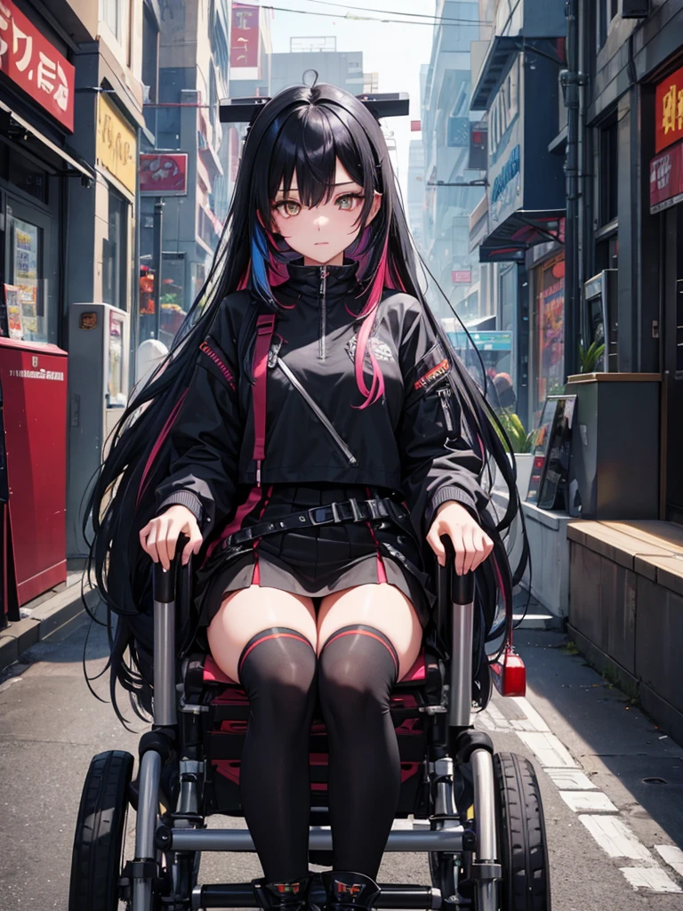 woman、Early 20s、cyber punk、Black Hair、Long Hair、Multicolored Hair、wheelchair、Golden Eyes、Face close-up、mini skirt、Black Stockings