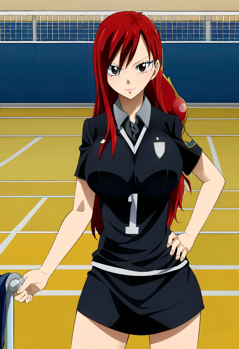 anime girl with red long hair and black shirt posing for a picture, Generate an image of Erza Scarlet from 'Fairy Tail' dressed in the Karasuno High School volleyball team uniform from 'Haikyuu!!', complete with the number 1 on her jersey. She should be standing confidently on a volleyball court."