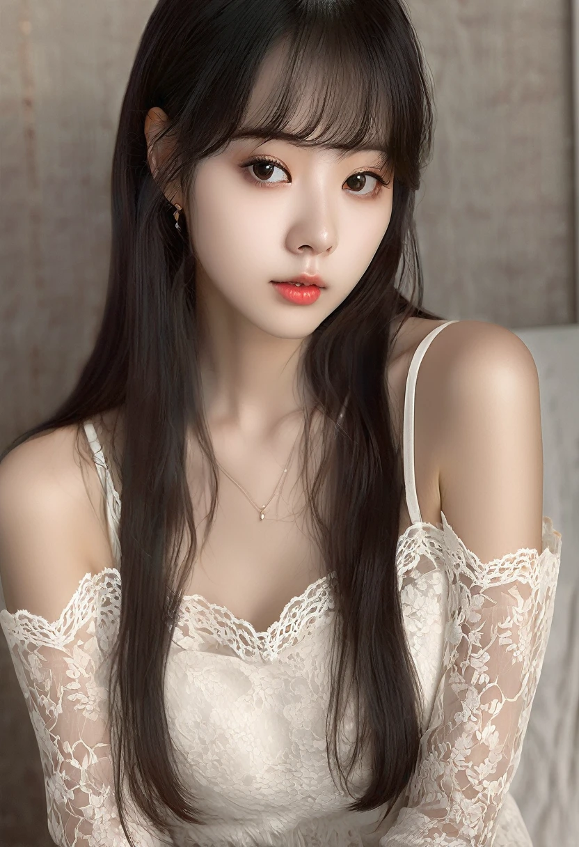 Masterpiece, Best Quality, (dark photo:1.3), photorealistic, 1 girl in lace camisole, flat bangs, Stunning face of innocent symmetry., emotional, ulzzang, (pureerosface_v1:0.7)