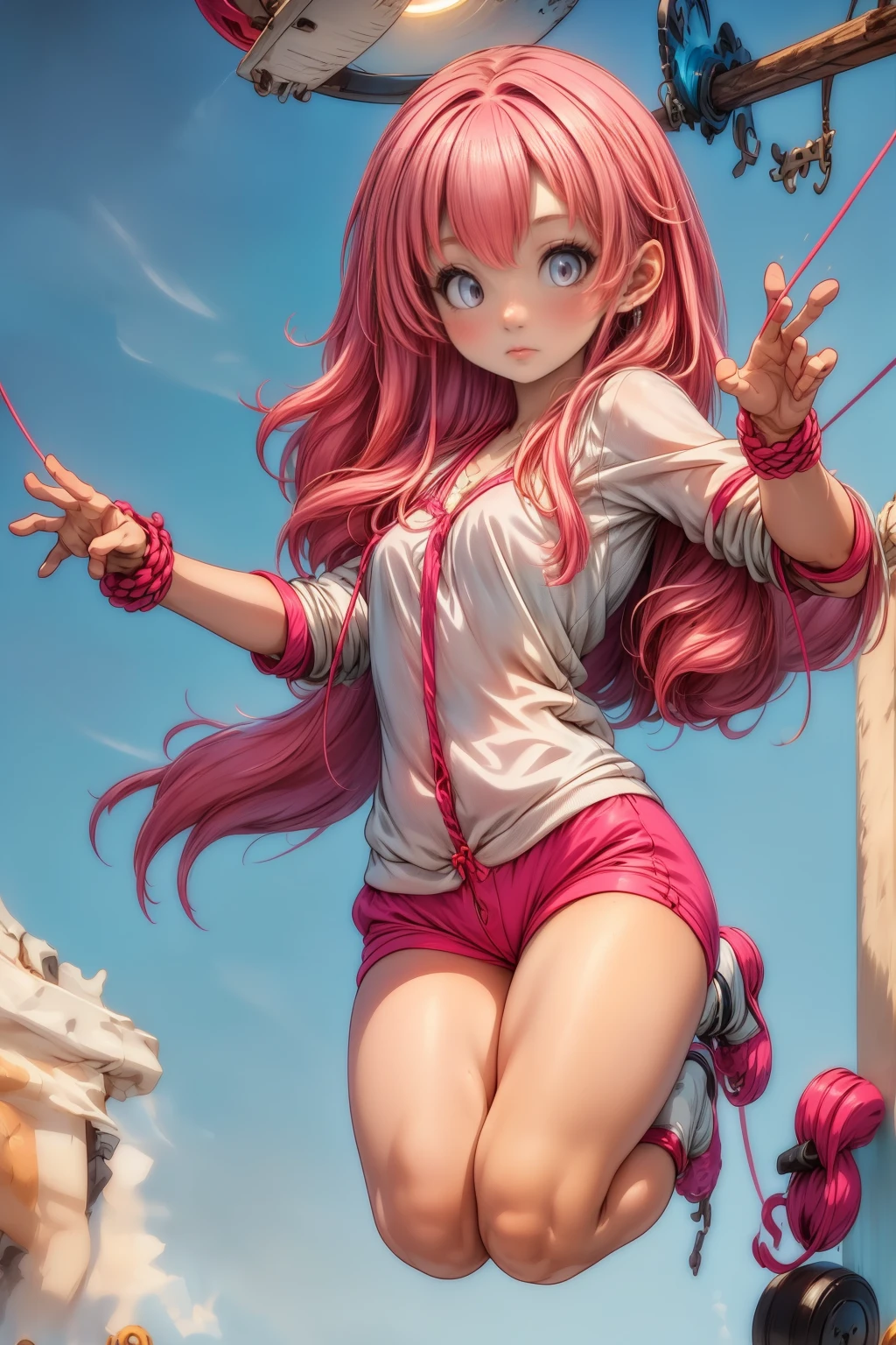 plano general, whole body, anime:1.5, a girl with long pink hair, Beautiful detailed eyes, beautiful detailed lips, extremely detailed face and eyes, long eyelashes, modern cinematic side sweep blush lighting, ray tracing, drop shadow , wide shot , high detail, textured skin, Best 4K quality, photorealistic, vivid colors, Masterpiece, digital art, ((funny dynamic pose, smiling smile jumping rope game:1.5))