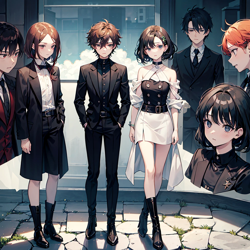 A woman named Marnie. She has short, curly and wavy dark brown hair. She has black eyes. Her personality is calm, blank, introvert. She is wearing dark red suit. She is wearing white boots. She has black eyes. Her personality is blank, introverted and calm. The second person is a man named Noah. He has short, straight, ginger hair. He has green eyes. He is wearing a dark blue  He is wearing black boots. His personality is shy, energetic and extrovert. Noah is very clingy towards Marnie. 