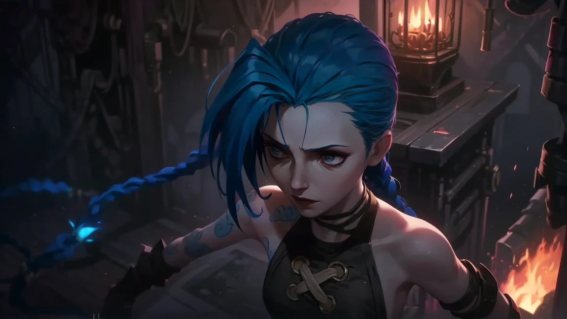 very sexy,  crazy look, длинные синие hair заплетены в косы, full length (full body 1.1.), tight leather pants, Jinx's character design, stands on the edge of the roof, fantasy city, night, explosions, fire, Sparks, Purple Flashes, beautiful figure, Arcane Curse, Bright blue and purple Sparks all around, burning eyes, Pink Shiny eyes, длинные hair, hair, braided in long braids, Pigtails hang below the knee, Hair color changes from bright blue to navy blue., leather boots on the feet, Top with four gold circles on the chest in the middle of the chest., Blue cloud tattoo on shoulders and waist., long bangs, hanging on the right side, чрезвычайно подробные обои CG Unity 8k, detailed light, Cinematic lighting, Chromatic aberration, sparkling, inexpressive, epic composition, dark in the background, Chereter Design, very detailed, detailed body, Vibrating, detailed face, sharp focus, anime art, Vibrating, detailed face, Hugh Details, sharp focus, Detailed eye, Super lovely illustration, best shadow, finely detail, beautiful detailed glow, beautiful detailed, extremely detailed, inexpressive, epic composition,