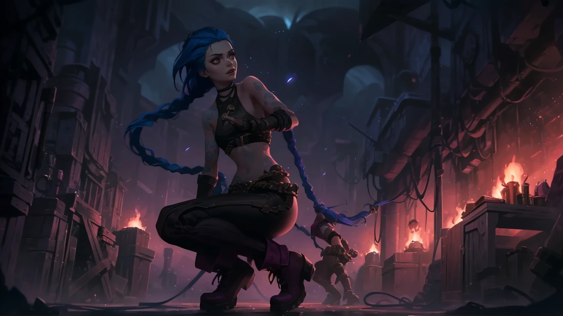 very sexy, crazy look, длинные синие hair заплетены в косы, full length (full body 1.1.), tight leather pants, Jinx's character design, stands on the edge of the roof, fantasy city, night, explosions, fire, Sparks, Purple Flashes, beautiful figure, Arcane Curse, Bright blue and purple Sparks all around, burning eyes, Pink Shiny eyes, длинные hair, hair, braided in long braids, Pigtails hang below the knee, Hair color changes from bright blue to navy blue., leather boots on the feet, Top with four gold circles on the chest in the middle of the chest., Blue cloud tattoo on shoulders and waist., long bangs, hanging on the right side, чрезвычайно подробные обои CG Unity 8k, detailed light, Cinematic lighting, Chromatic aberration, sparkling, inexpressive, epic composition, dark in the background, Chereter Design, very detailed, detailed body, Vibrating, detailed face, sharp focus, anime art, Vibrating, detailed face, Hugh Details, sharp focus, Detailed eye, Super lovely illustration, best shadow, finely detail, beautiful detailed glow, beautiful detailed, extremely detailed, inexpressive, epic composition,