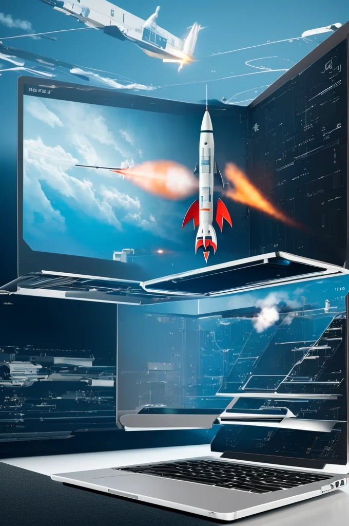 Laptop Computer Exploring Rocket Launch Concept, Laptop Computer