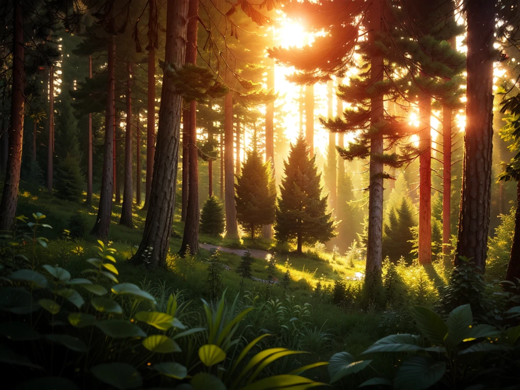 ultra-detailed, (best quality:1.2), (ultra highres:1.1), high resolution, enigmatic, sunny day, ray of lights, 16k, unreal engine, UHD, photorealistic, twilight in the deciduous forest, blurred trees in the background, a forest clearing, a lonely spreading old tree, a bonfire is burning under it
