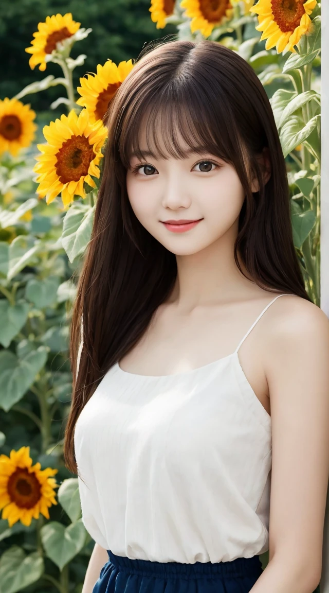 Tabletop, Highest quality, Very detailed, In detail, High resolution, 8k wallpaper, Beautiful big eyes,Black-haired、, Slender body、爽やかなsmile、Shows the whole body down to the waist、Very beautiful face,Very well-formed face、With sunflowers in the background、Beautiful girl wearing high 、smile、