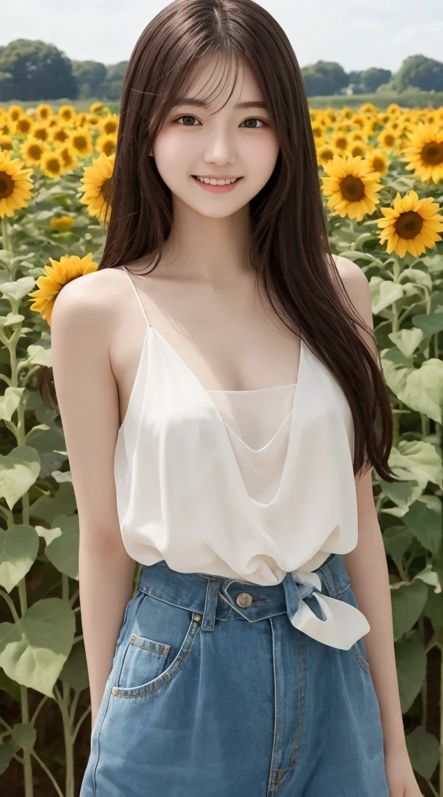 Tabletop, Highest quality, Very detailed, In detail, High resolution, 8k wallpaper, Beautiful big eyes,Black-haired、17 years old, Slender body、爽やかなsmile、Shows the whole body down to the waist、Very beautiful face,Very well-formed face、With sunflowers in the background、Beautiful girl wearing high 、smile、