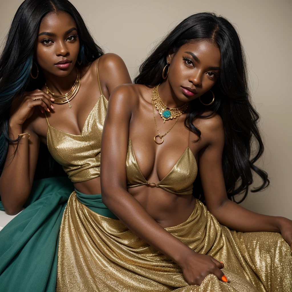 dark skin woman, orange eyes, Green dress with blue, long black hair, pastel red lips, a ring on your finger, a gold necklace