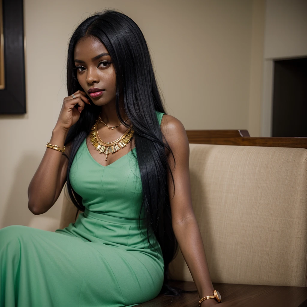 dark skin woman, orange eyes, Green dress with blue, long black hair, pastel red lips, a ring on your finger, a gold necklace
