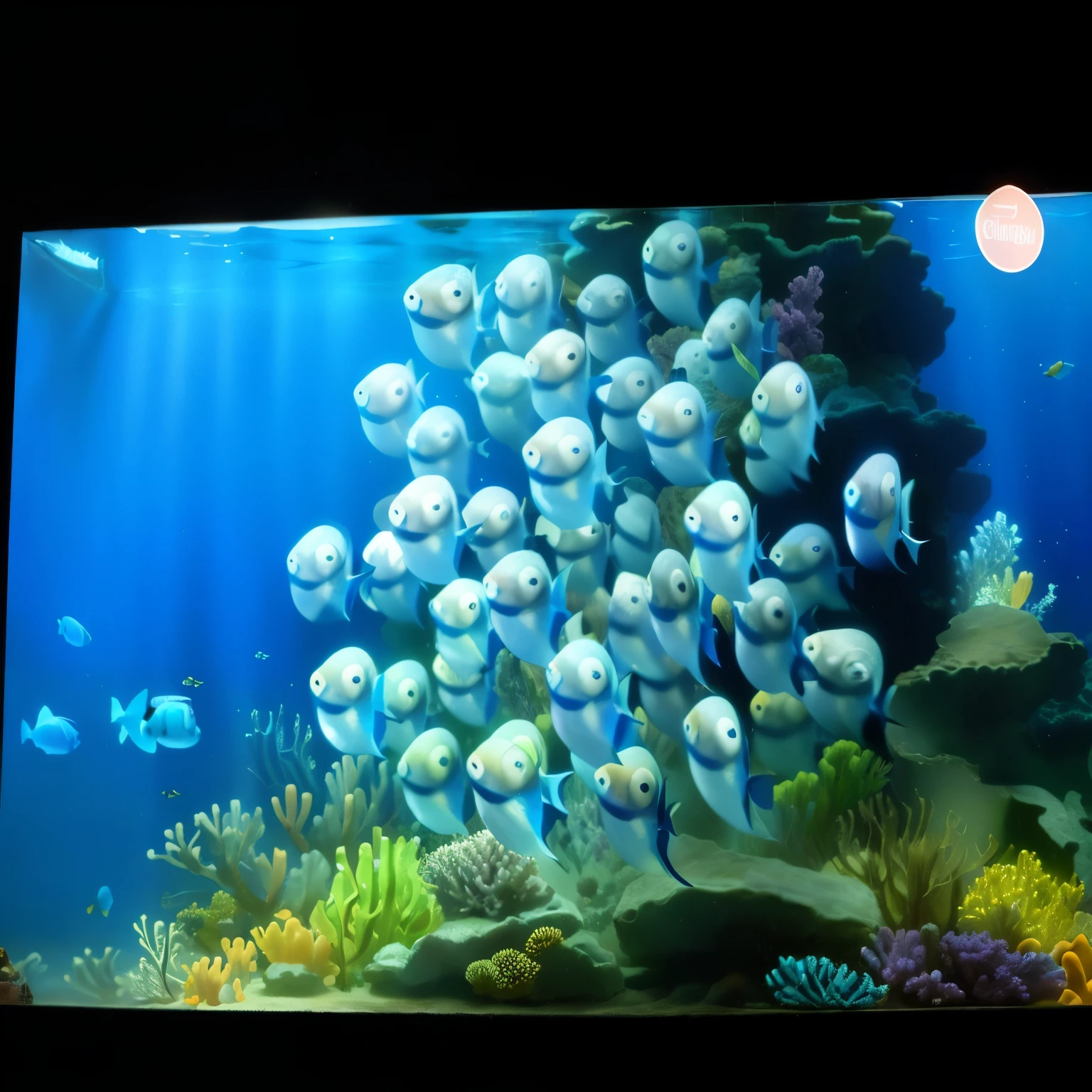 Many blue fish swim in a large aquarium, frame from Pixar movie 