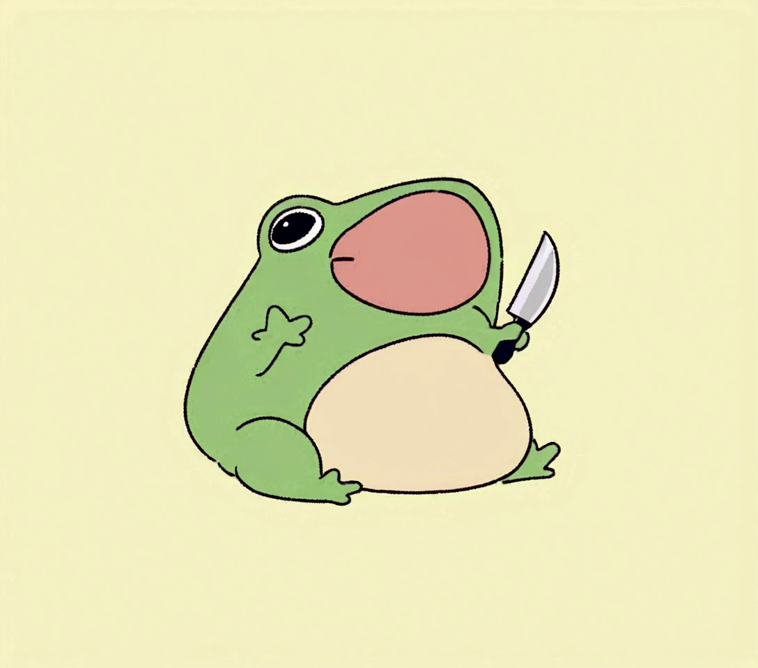 a cartoon frog holding a knife and a knife in its hand, cute frog, frog, with a cute toad, froggy, the wednesday frog, frog themed, peepo the frog!!!, frog - elephant creature, grogu, toad, frogzilla creature, alien frog, 🐿🍸🍋, jumping flying and eating frogs, big toad, frog head