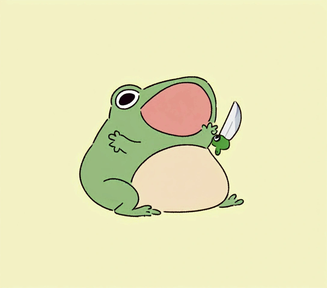 a cartoon frog holding a knife and a knife in its hand, cute frog, frog, with a cute toad, froggy, the wednesday frog, frog themed, peepo the frog!!!, frog - elephant creature, grogu, toad, frogzilla creature, alien frog, 🐿🍸🍋, jumping flying and eating frogs, big toad, frog head