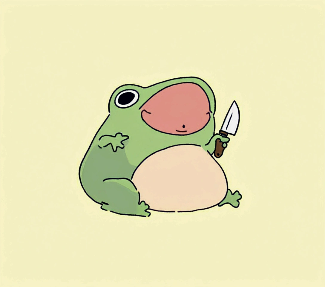 a cartoon frog holding a knife and a knife in its hand, cute frog, frog, with a cute toad, froggy, the wednesday frog, frog themed, peepo the frog!!!, frog - elephant creature, grogu, toad, frogzilla creature, alien frog, 🐿🍸🍋, jumping flying and eating frogs, big toad, frog head