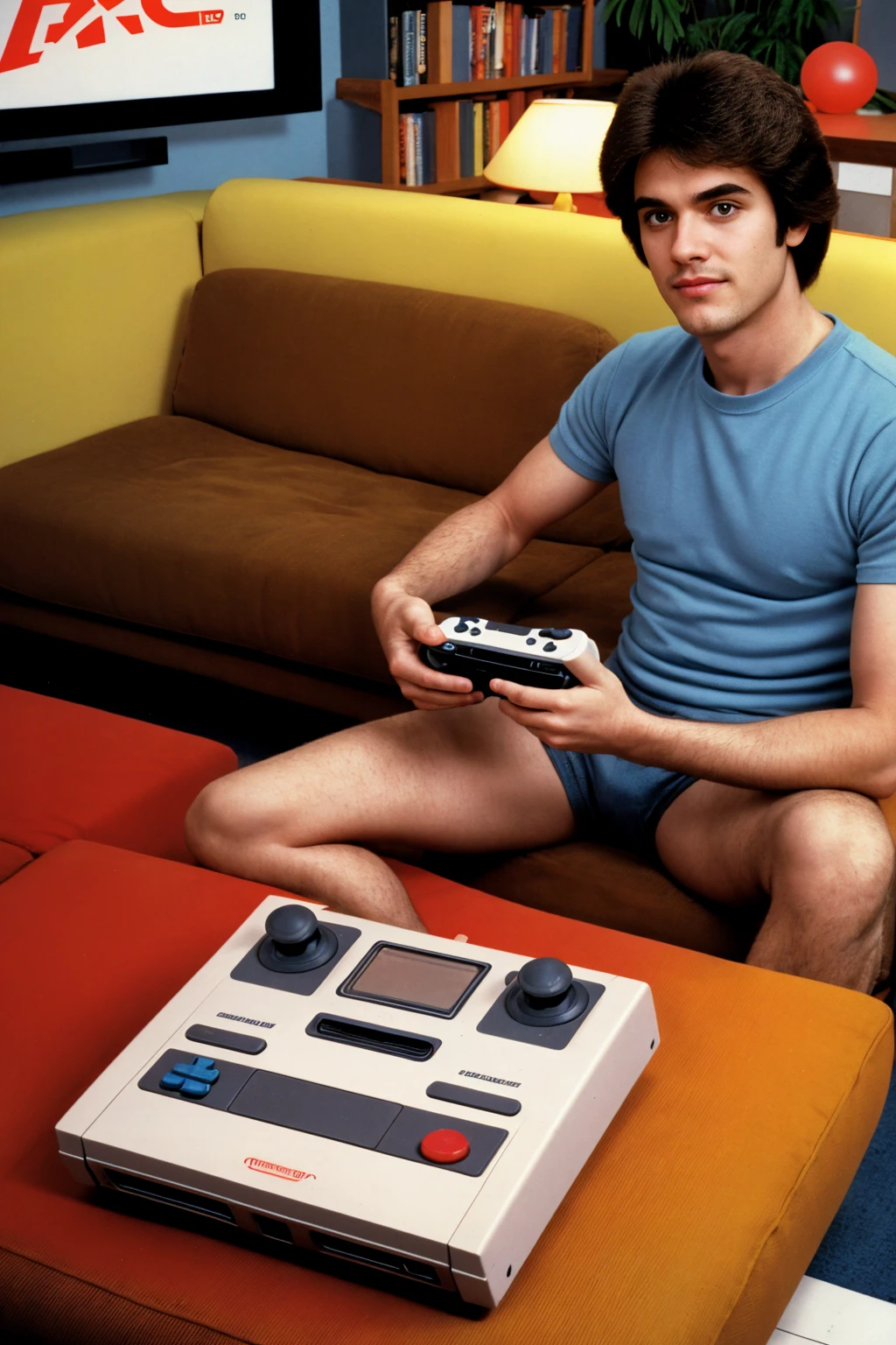a man sitting on a couch, playing a Nintendo video game, 1980s, nostalgic, living room interior, retro aesthetic, warm lighting, film grain, detailed facial features, expressive hands, relaxed pose, 80s atmosphere, vintage video game console, classic Nintendo controller, Saturday morning,