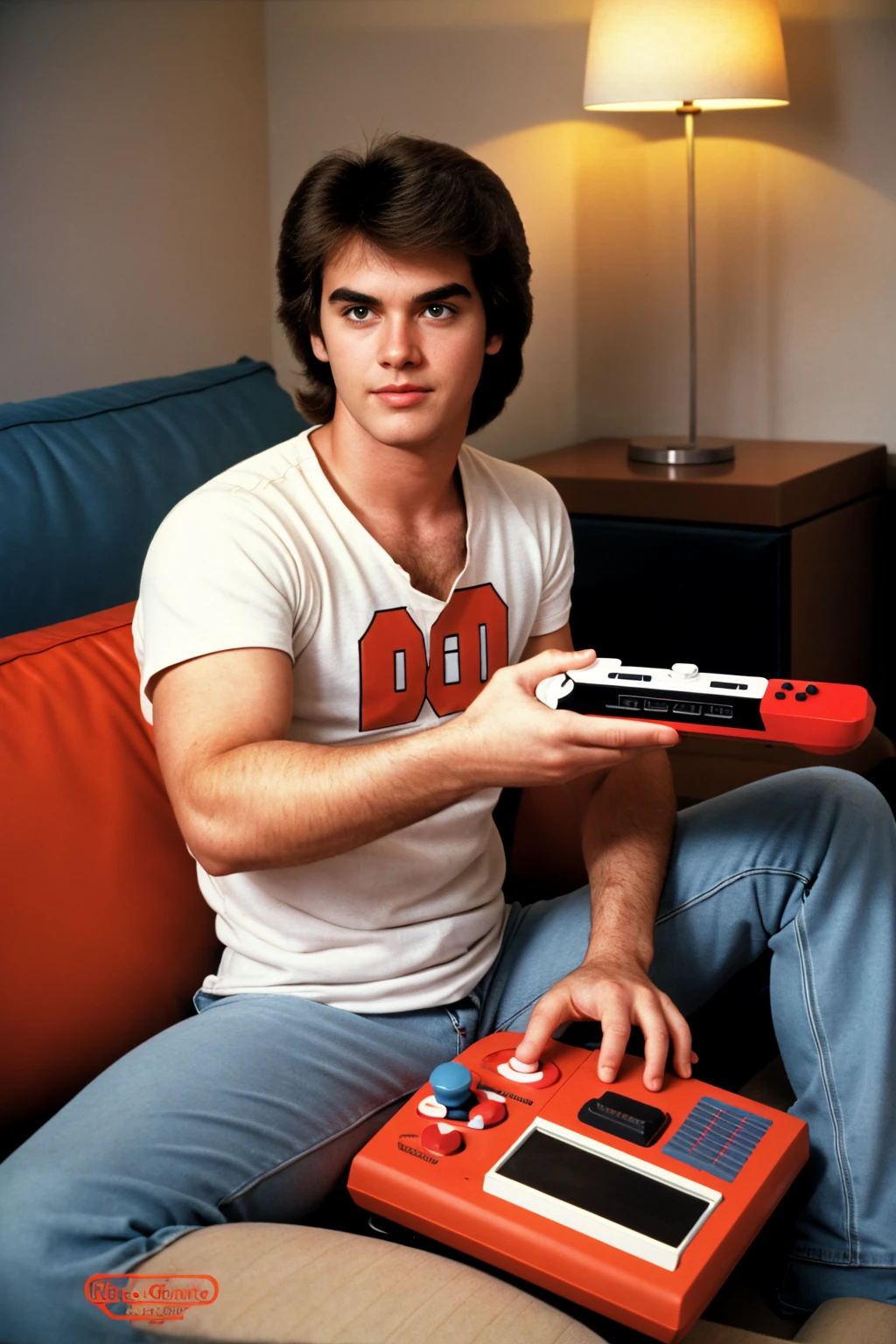 a man sitting on a couch, playing a Nintendo video game, 1980s, nostalgic, living room interior, retro aesthetic, warm lighting, film grain, detailed facial features, expressive hands, relaxed pose, 80s atmosphere, vintage video game console, classic Nintendo controller, Saturday morning, 