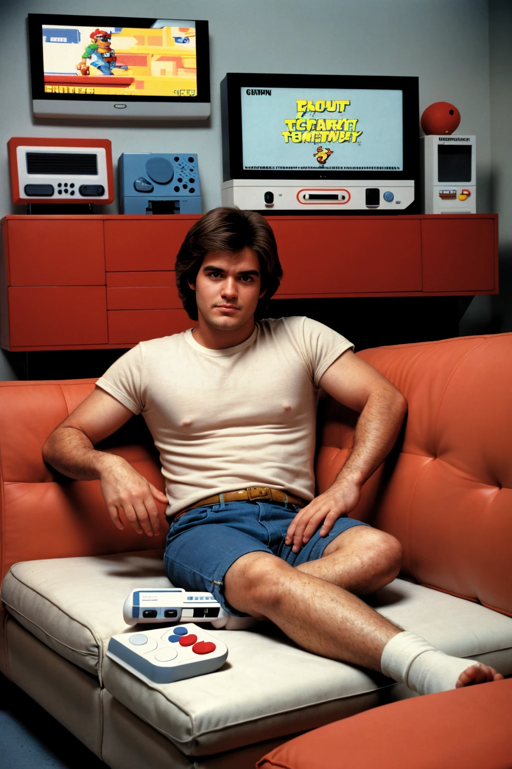 a man sitting on a couch, playing a Nintendo video game, 1980s, nostalgic, living room interior, retro aesthetic, warm lighting, film grain, detailed facial features, expressive hands, relaxed pose, 80s atmosphere, vintage video game console, classic Nintendo controller, Saturday morning, 