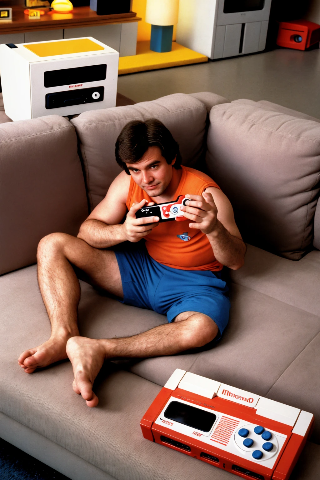 a man sitting on a couch, playing a Nintendo video game, 1980s, nostalgic, living room interior, retro aesthetic, warm lighting, film grain, detailed facial features, expressive hands, relaxed pose, 80s atmosphere, vintage video game console, classic Nintendo controller, Saturday morning, 