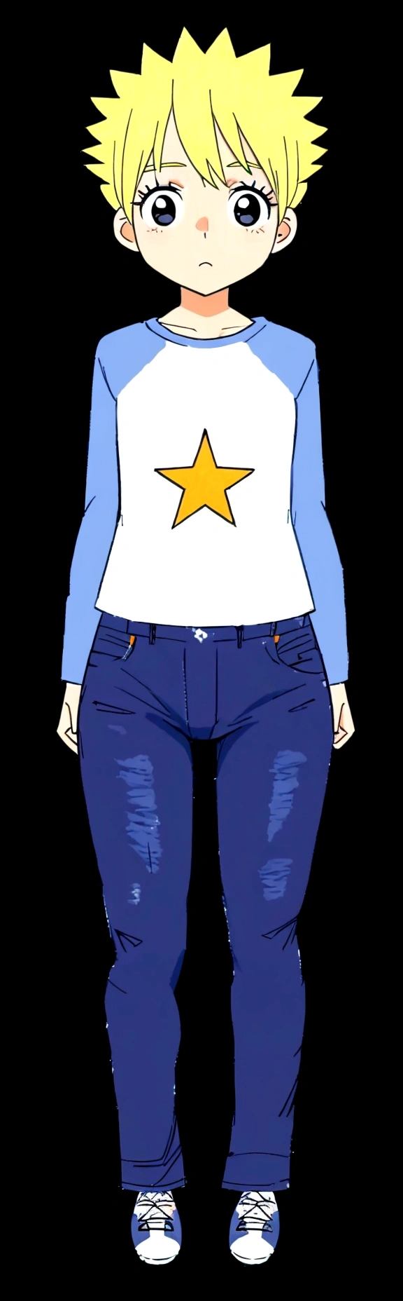 a cartoon image of a blonde woman with a star on her shirt, space dandy style, ( ( ( wearing jeans ) ) ), kawaii shirt and jeans, full body with costume, full - body - front - shot, Black eyes, full body picture, full body close-up shot, distant full body view, zoomed out full body, full body portrait of a short!