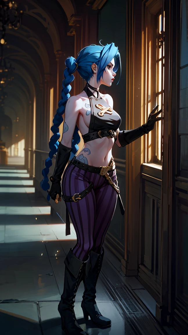 Panoramic view, Roof of the building, city below, Fantasy City, The camera looks at Jinx from above., Like in a computer game, Jinx's character design, Dynamic movements, Standing Half-Sideways, stands on the edge of the roof, Fantasy City, City of Piltover, night, explosions, fire, smoke, Sparks, Purple Flashes,  pose, beautiful figure, Arcane Curse, Bright blue and purple Sparks all around, Brilliant eyes, Pink Brilliant eyes, длинные hair, hair, braided in long braids, Pigtails hang below the knee, Hair color changes from bright blue to navy blue., Dressed in brown breeches, leather boots on the feet, Top with four gold circles on the  in the middle of the ., Blue cloud tattoo on shoulders and waist., long bangs, hanging on the right side, Belt with cartridges on belt, Secret style, чрезвычайно подробные обои CG Unity 8k, detailed light, Cinematic lighting, Chromatic aberration, sparkling, inexpressive, epic composition, dark in the background, Chereter Design, Very detailed, detailed body, Vibrating, detailed face, sharp focus, anime art, Vibrating, detailed face, Hugh Details, sharp focus, Very downcast face, Detailed eye, Super lovely illustration, best shadow, finely detail, beautiful detailed glow, beautiful detailed, extremely detailed, inexpressive, epic composition,