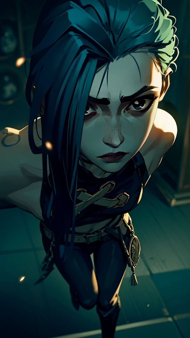 Panoramic view, Roof of the building, city below, Fantasy City, The camera looks at Jinx from above., Like in a computer game, Jinx's character design, Dynamic movements, Standing Half-Sideways, stands on the edge of the roof, Fantasy City, City of Piltover, night, explosions, fire, smoke, Sparks, Purple Flashes, sexy pose, beautiful figure, Arcane Curse, Bright blue and purple Sparks all around, Brilliant eyes, Pink Brilliant eyes, длинные hair, hair, braided in long braids, Pigtails hang below the knee, Hair color changes from bright blue to navy blue., Dressed in brown breeches, leather boots on the feet, Top with four gold circles on the chest in the middle of the chest., Blue cloud tattoo on shoulders and waist., long bangs, hanging on the right side, Belt with cartridges on belt, Secret style, чрезвычайно подробные обои CG Unity 8k, detailed light, Cinematic lighting, Chromatic aberration, sparkling, inexpressive, epic composition, dark in the background, Chereter Design, Very detailed, detailed body, Vibrating, detailed face, sharp focus, anime art, Vibrating, detailed face, Hugh Details, sharp focus, Very downcast face, Detailed eye, Super lovely illustration, best shadow, finely detail, beautiful detailed glow, beautiful detailed, extremely detailed, inexpressive, epic composition,
