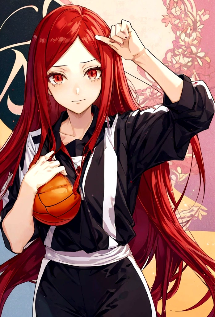 anime girl with red long hair and black shirt posing for a picture, Generate an image of Erza Scarlet from 'Fairy Tail' dressed in the Karasuno High School volleyball team uniform from 'Haikyuu!!', complete with the number 1 on her jersey. She should be standing confidently on a volleyball court."