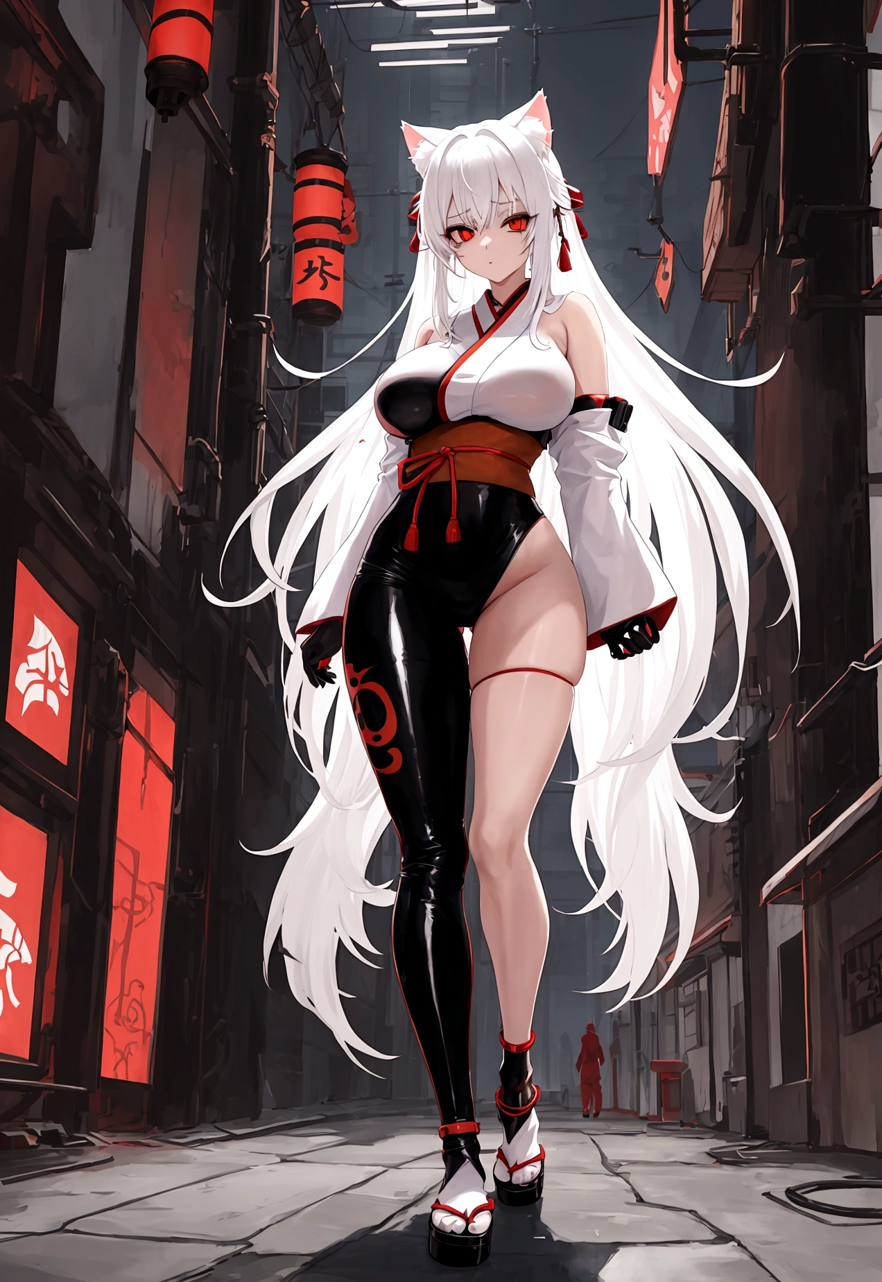 Make a full body character with 2D graphics based on current anime 4k-8k The character is 22 years old. Mature body with big breasts and curves. Eyes red, white cat ears, long white hair down to the ankles. Cat's furry tail. The outfit is a mix of traditional Japanese kimono, Qipao chines stylized in a cyberpunk way. The colors of the clothes are predominantly white with details of blood red and gold.. With sock 3/4 black and white, sandalhas ninja estilo cyberpunk.