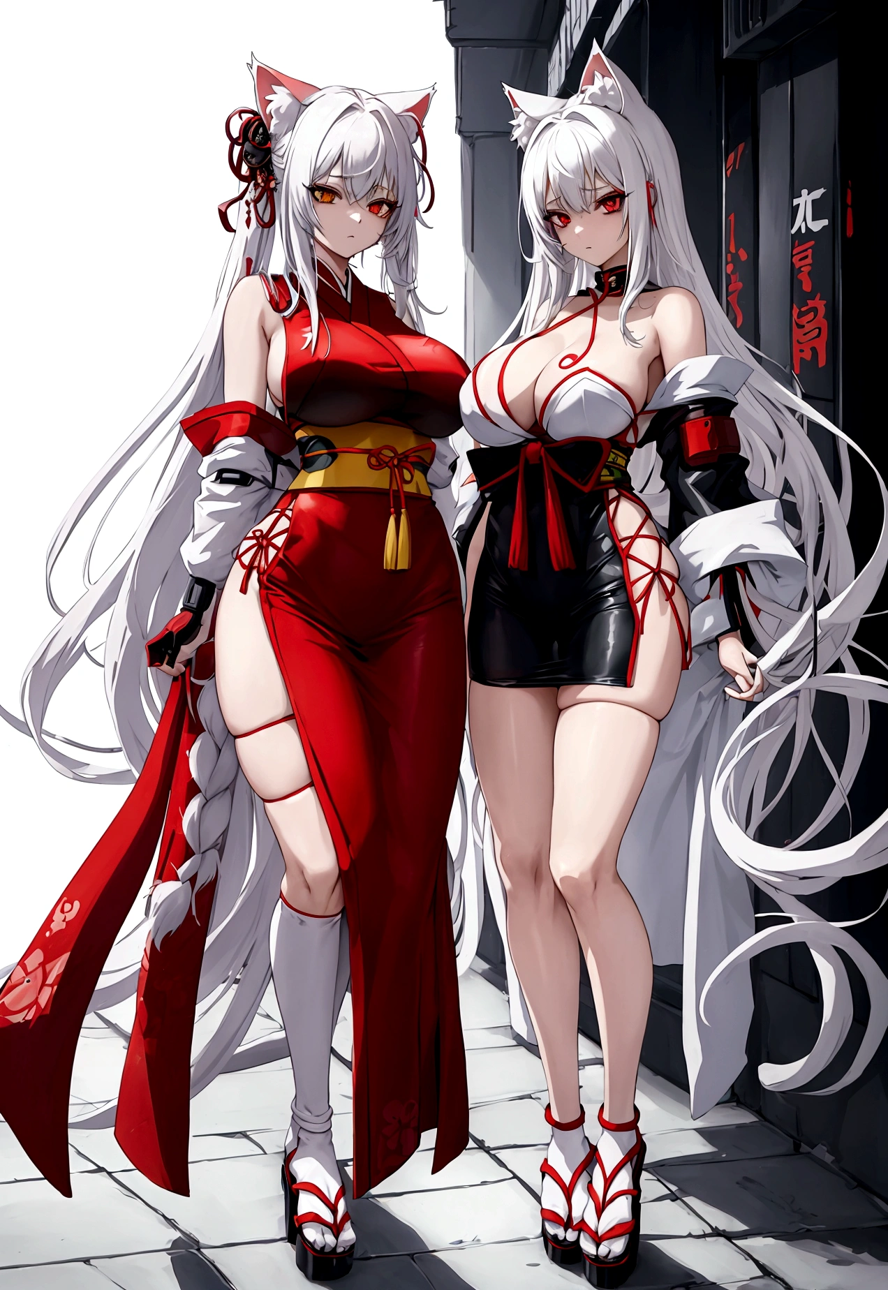 Make a full body character with 2D graphics based on current anime 4k-8k The character is 22 years old. body with big brurves. Eyes red, white cat ears, long white hair down to the ankles. Cat's furry tail. The outfit is a mix of traditional Japanese kimono, Qipao chines stylized in a cyberpunk way. The colors of the clothes are predominantly white with details of blood red and gold.. With sock 3/4 black and white, sandalhas ninja estilo cyberpunk.