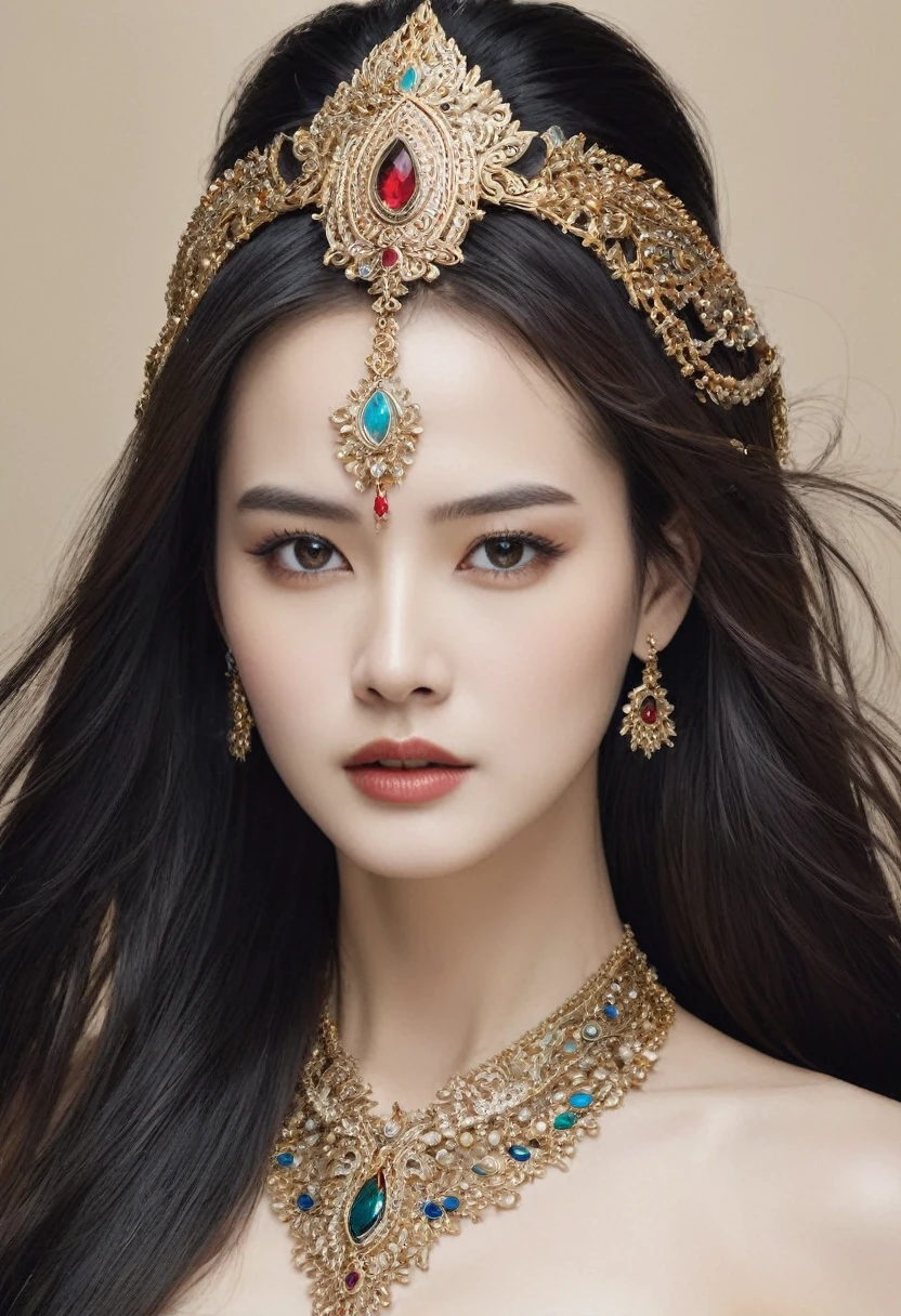 A stunning painting of a woman with long, flowing hair adorned with intricate jewels, exuding power and grace as a fierce warrior.