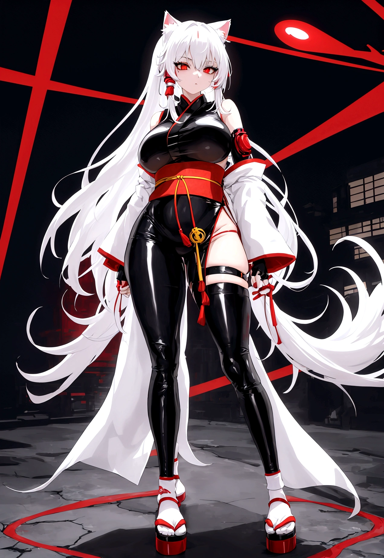 Make a full body character with 2D graphics based on current anime 4k-8k The character is 22 years old. Mature body with big breasts and curves. Eyes red, white cat ears, long white hair down to the ankles. Cat&#39;s furry tail. The outfit is a mix of traditional Japanese kimono, Qipao chines stylized in a cyberpunk way. The colors of the clothes are predominantly white with details of blood red and gold.. With sock 3/4 black and white, sandalhas ninja estilo cyberpunk.