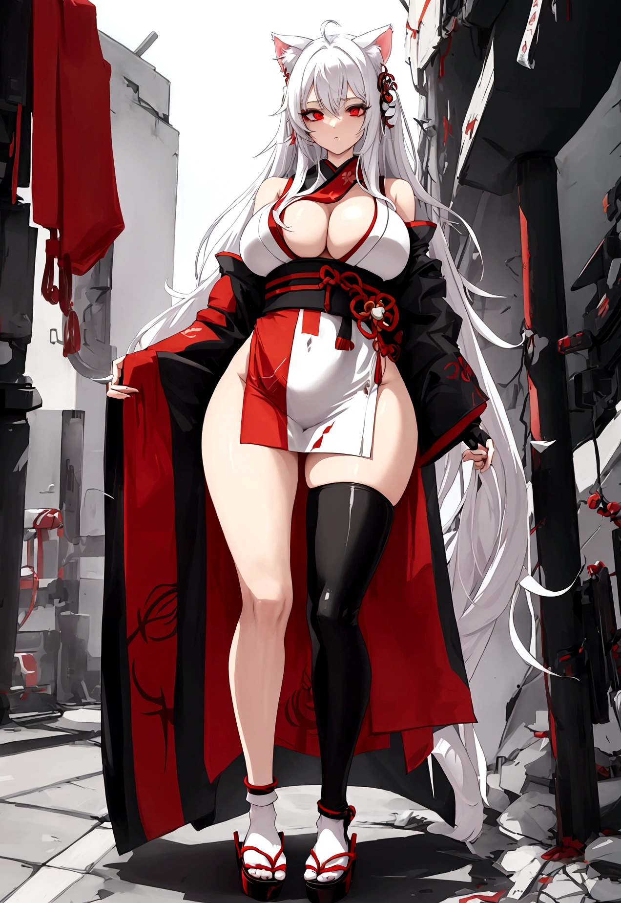 Make a full body character with 2D graphics based on current anime 4k-8k The character is 22 years old. Mature body with big breasts and curves. Eyes red, white cat ears, long white hair down to the ankles. Cat&#39;s furry tail. The outfit is a mix of traditional Japanese kimono, Qipao chines stylized in a cyberpunk way. The colors of the clothes are predominantly white with details of blood red and gold.. With sock 3/4 black and white, sandalhas ninja estilo cyberpunk.