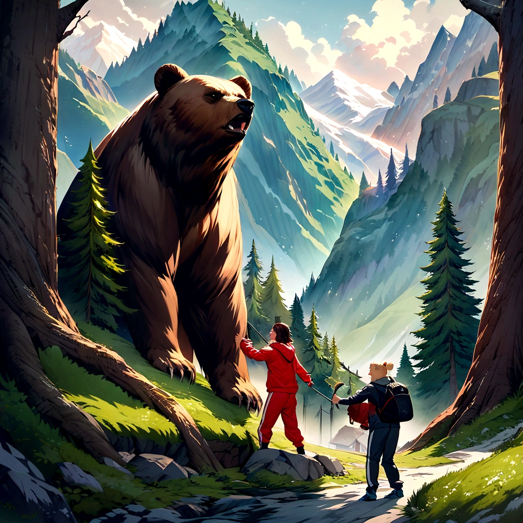Create a digital artwork featuring two men, one tall blond and the other short brunette, dressed in tracksuit pants and hoodies, fighting a bear with spears near a Wanderweg in the Swiss mountains. The scene is set in a forested area, surrounded by majestic trees and towering peaks, capturing the intense struggle amidst the stunning natural beauty of the Swiss landscape