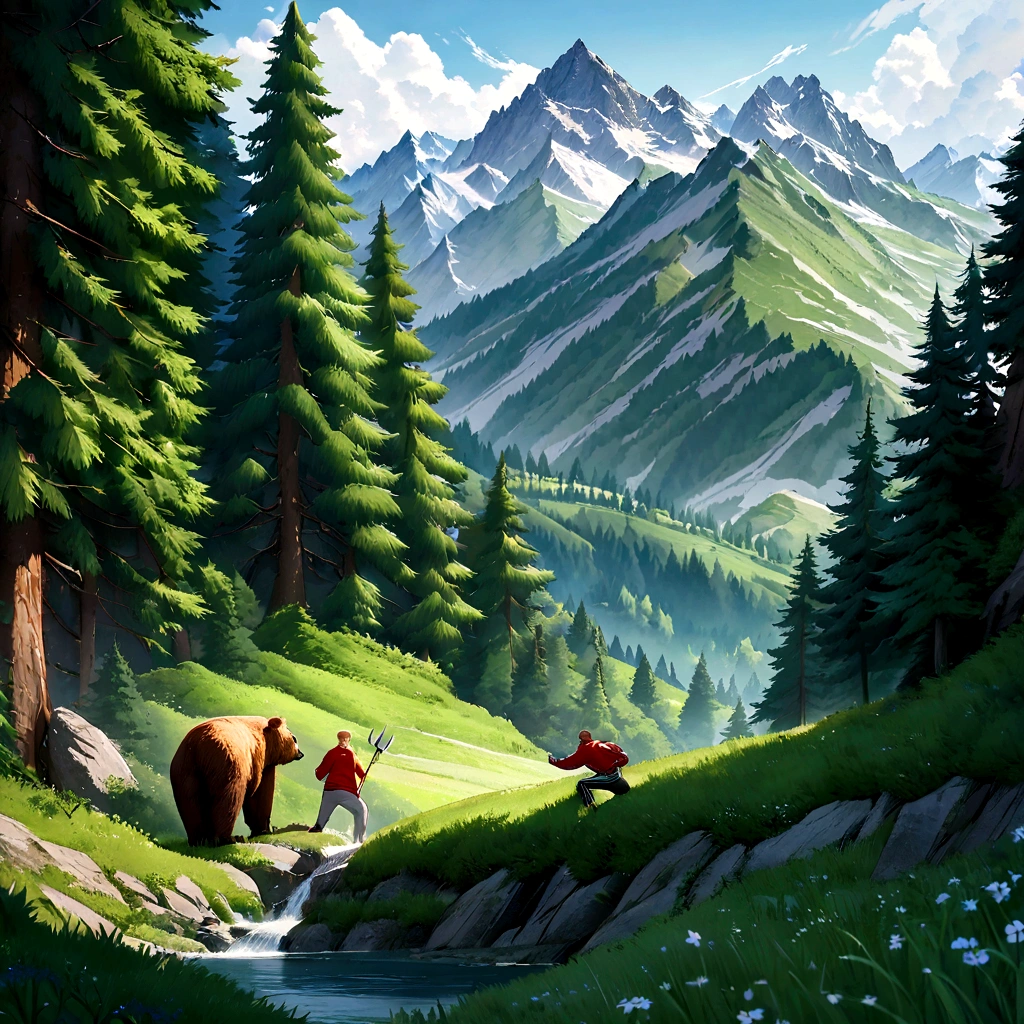 Create a digital artwork featuring two men, one tall blond and the other short brunette, dressed in tracksuit pants and hoodies, fighting a bear with spears near a Wanderweg in the Swiss mountains. The scene is set in a forested area, surrounded by majestic trees and towering peaks, capturing the intense struggle amidst the stunning natural beauty of the Swiss landscape