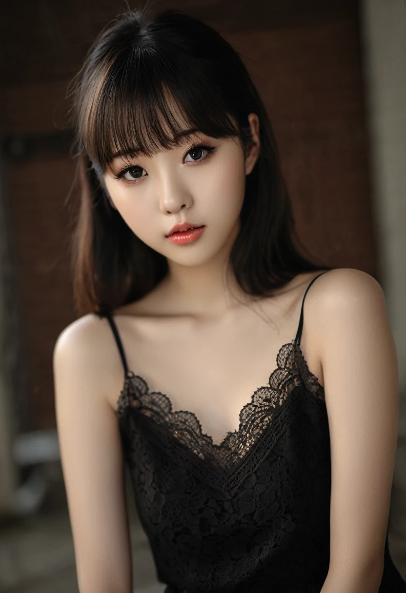 Masterpiece, Best Quality, (dark photo:1.3), photorealistic, 1 girl in lace camisole, flat bangs, Stunning face of innocent symmetry., emotional, ulzzang, (pureerosface_v1:0.7)