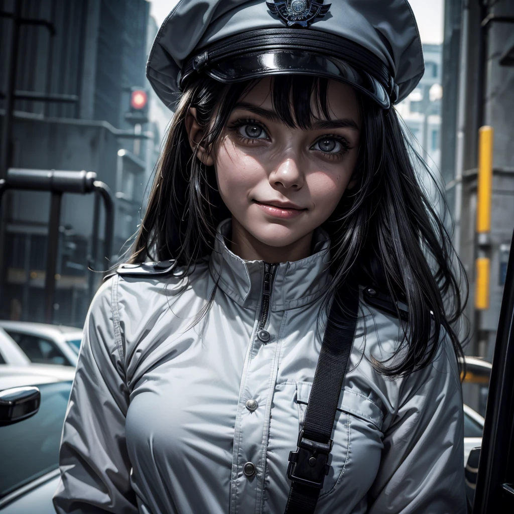 A police girl looking into the camera with a creepy smile, the girl has a sinister and ghostly appearance with white pupils