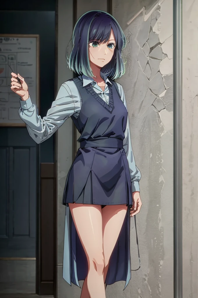 tall body, tall, long legs, mature woman, mature, adult, , eft_oshi_akane, alone, 1 girl, blue hair, looking at viewer, medium hair, bangs, closed mouth, green eyes, multicolored hair, short hair, faded hair, blue eyes, more details XL, high Quality